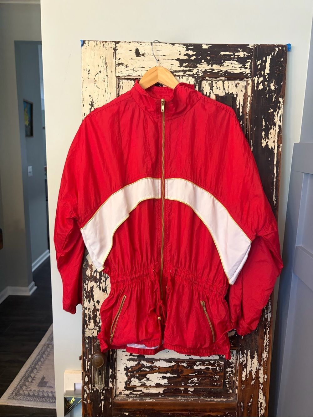 Vintage nautical women’s full zip Red Windbreaker Jacket with White Accent. L.